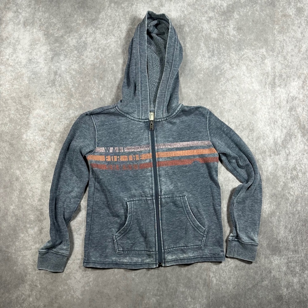 Roxy Girl Size Small 8 Blue Sun Faded Full Zip Hoodie Sunset Stripes Fleece Y2K